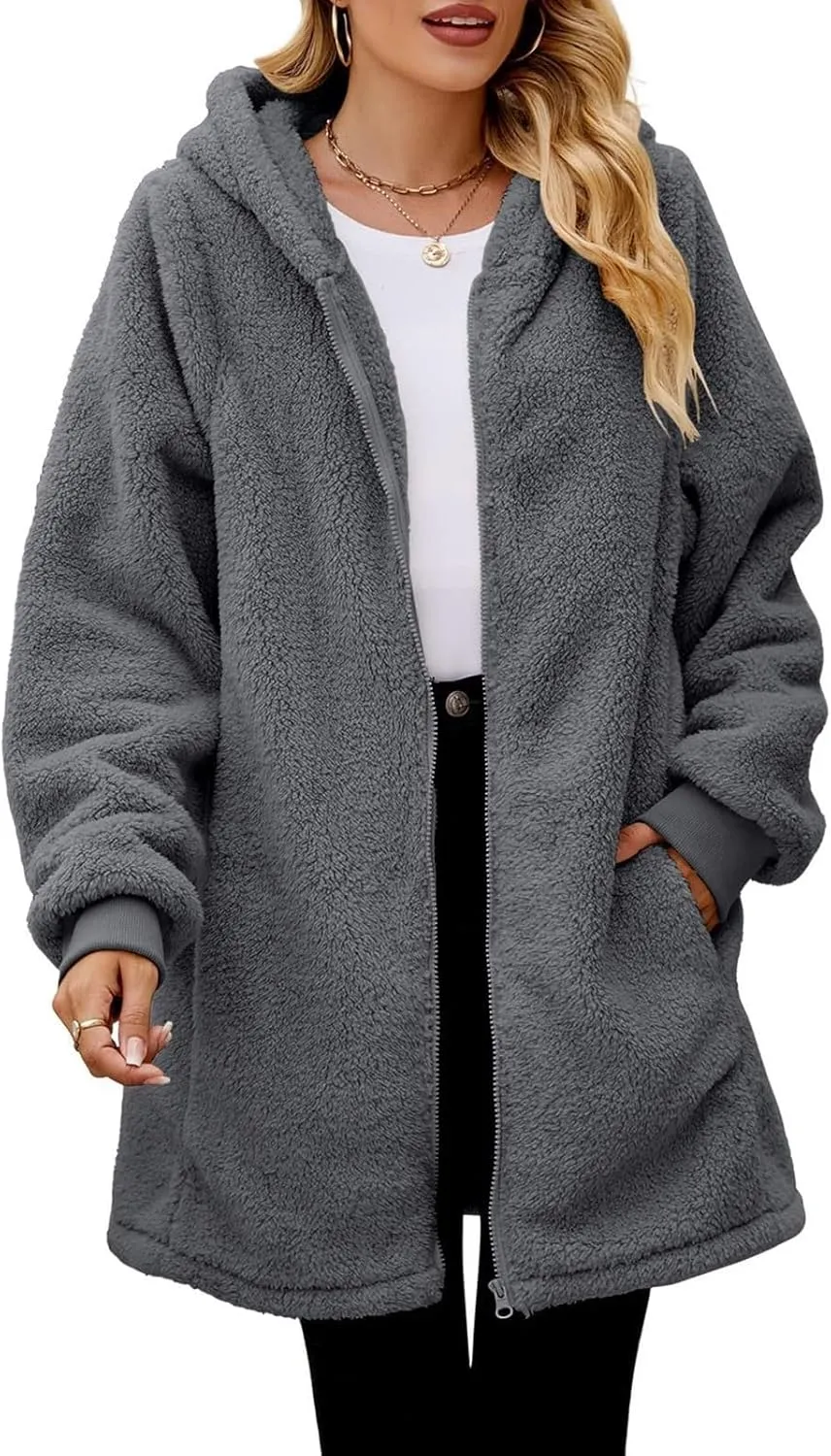 QWENTMTNTY Light Jackets for Women Fuzzy Fleece Jackets Winter Outfits Warm Windbreaker Plus Size Winter Coats with Fur Hood
