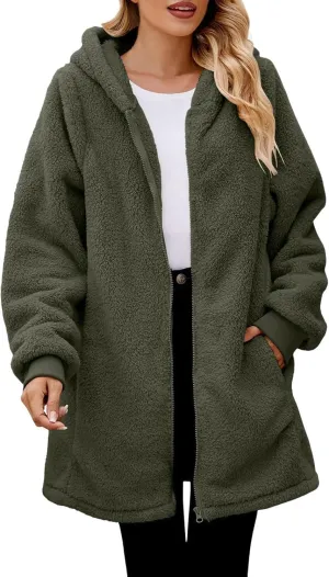 QWENTMTNTY Light Jackets for Women Fuzzy Fleece Jackets Winter Outfits Warm Windbreaker Plus Size Winter Coats with Fur Hood