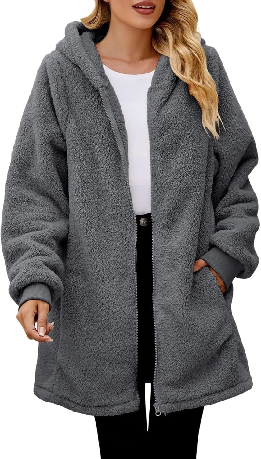 QWENTMTNTY Light Jackets for Women Fuzzy Fleece Jackets Winter Outfits Warm Windbreaker Plus Size Winter Coats with Fur Hood