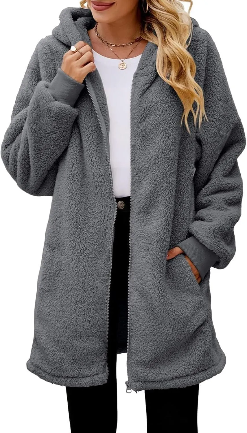 QWENTMTNTY Light Jackets for Women Fuzzy Fleece Jackets Winter Outfits Warm Windbreaker Plus Size Winter Coats with Fur Hood