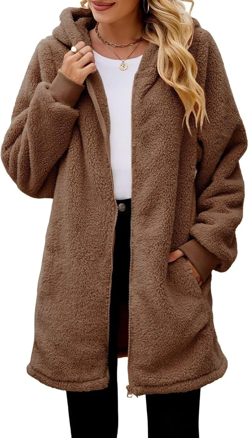 QWENTMTNTY Light Jackets for Women Fuzzy Fleece Jackets Winter Outfits Warm Windbreaker Plus Size Winter Coats with Fur Hood