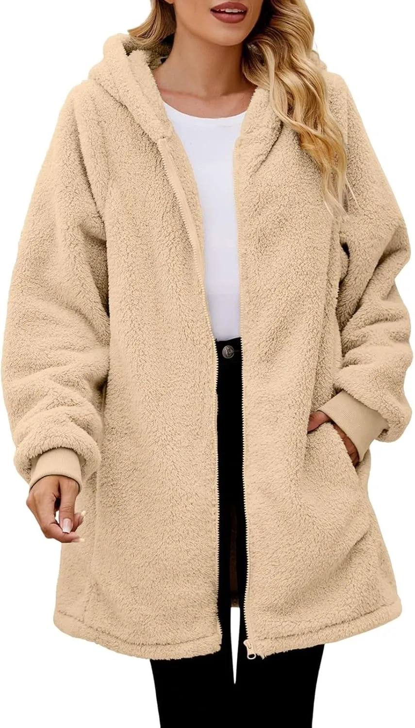 QWENTMTNTY Light Jackets for Women Fuzzy Fleece Jackets Winter Outfits Warm Windbreaker Plus Size Winter Coats with Fur Hood