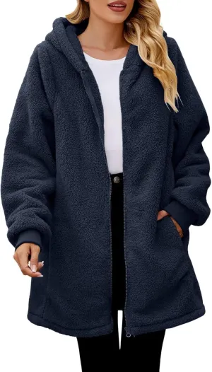 QWENTMTNTY Light Jackets for Women Fuzzy Fleece Jackets Winter Outfits Warm Windbreaker Plus Size Winter Coats with Fur Hood