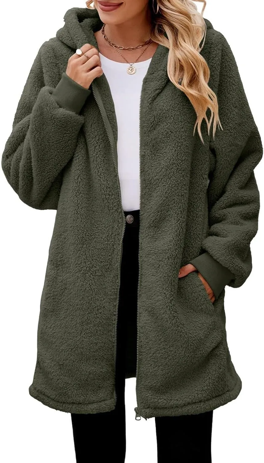 QWENTMTNTY Light Jackets for Women Fuzzy Fleece Jackets Winter Outfits Warm Windbreaker Plus Size Winter Coats with Fur Hood