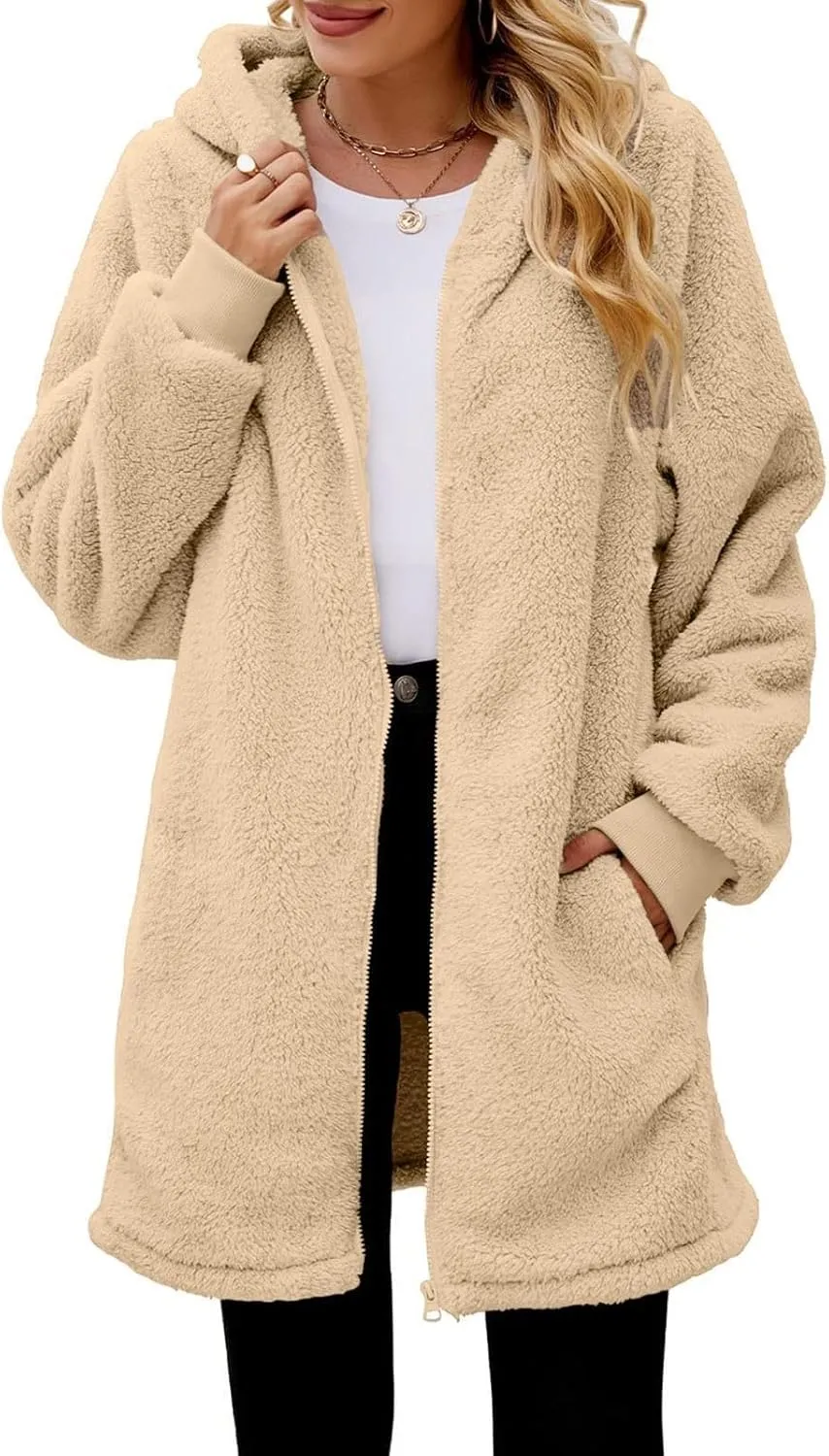 QWENTMTNTY Light Jackets for Women Fuzzy Fleece Jackets Winter Outfits Warm Windbreaker Plus Size Winter Coats with Fur Hood