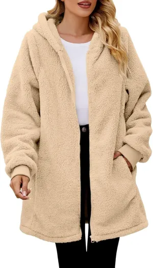 QWENTMTNTY Light Jackets for Women Fuzzy Fleece Jackets Winter Outfits Warm Windbreaker Plus Size Winter Coats with Fur Hood
