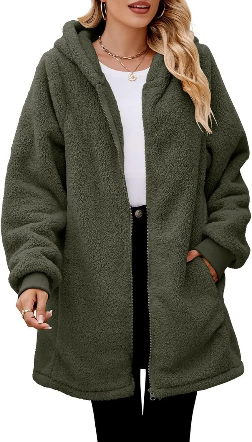 QWENTMTNTY Light Jackets for Women Fuzzy Fleece Jackets Winter Outfits Warm Windbreaker Plus Size Winter Coats with Fur Hood