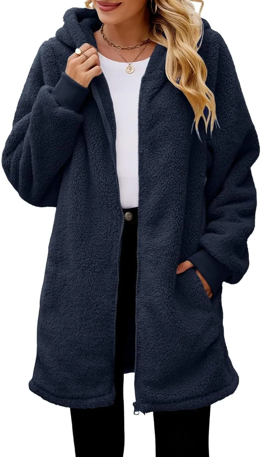 QWENTMTNTY Light Jackets for Women Fuzzy Fleece Jackets Winter Outfits Warm Windbreaker Plus Size Winter Coats with Fur Hood