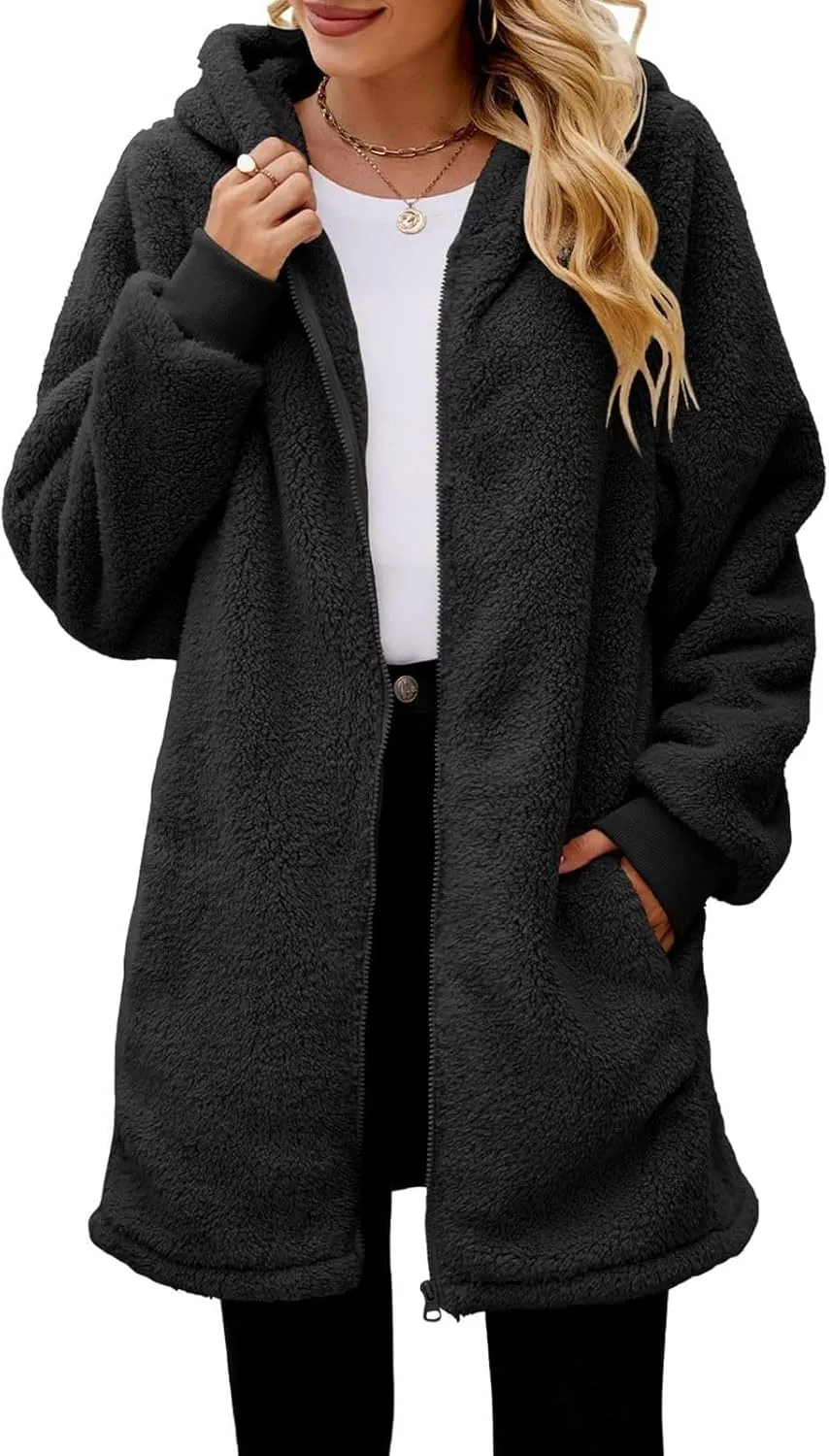 QWENTMTNTY Light Jackets for Women Fuzzy Fleece Jackets Winter Outfits Warm Windbreaker Plus Size Winter Coats with Fur Hood