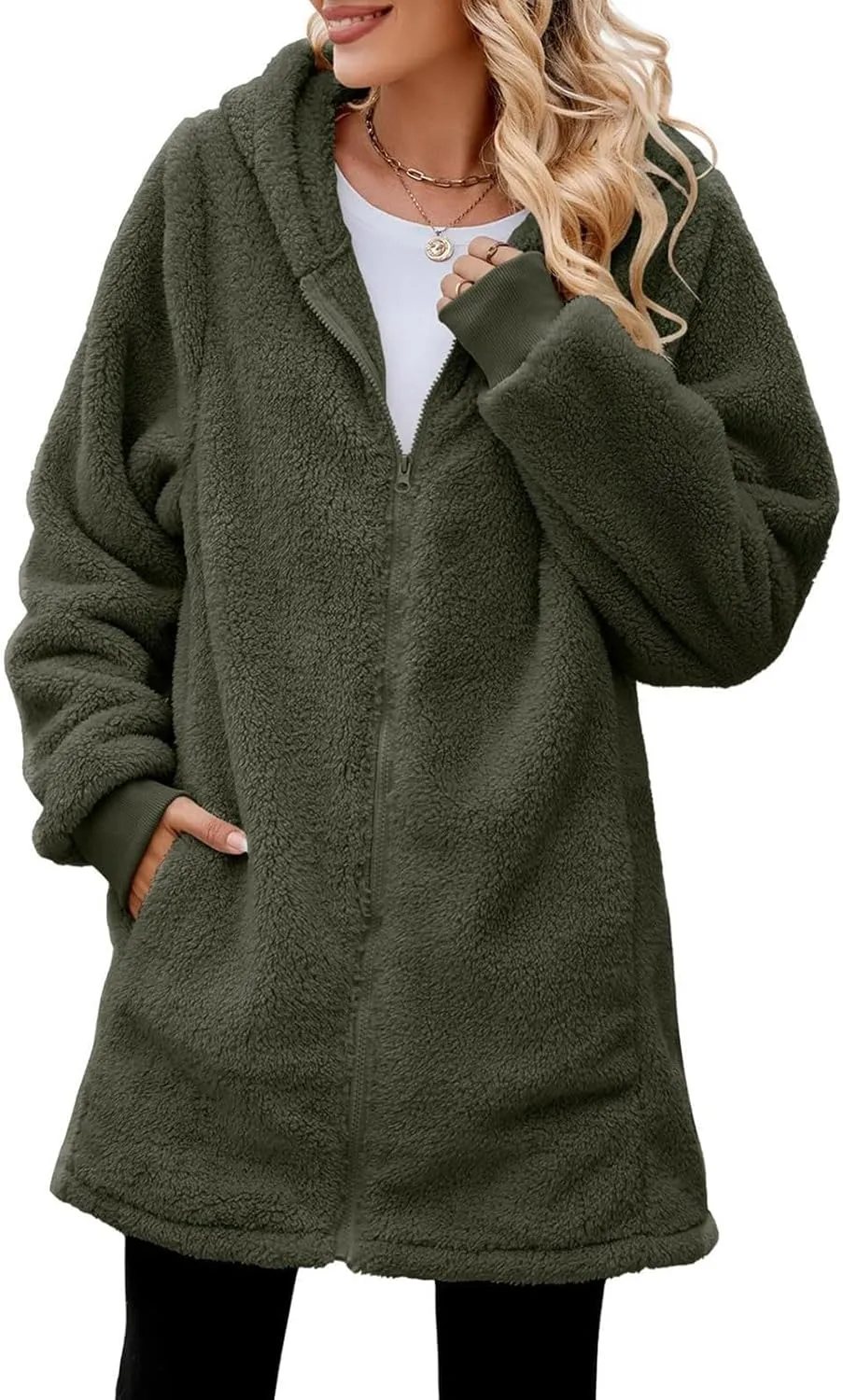 QWENTMTNTY Light Jackets for Women Fuzzy Fleece Jackets Winter Outfits Warm Windbreaker Plus Size Winter Coats with Fur Hood
