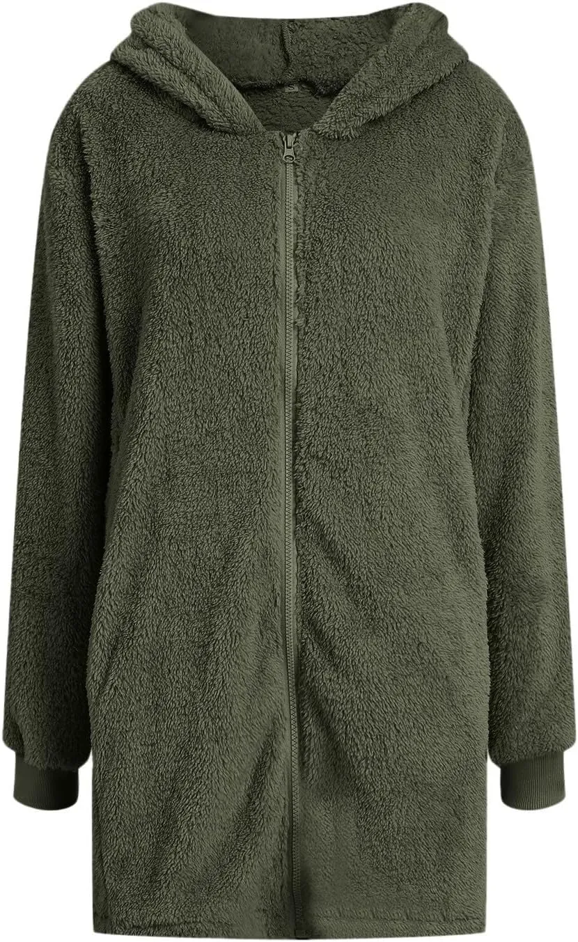 QWENTMTNTY Light Jackets for Women Fuzzy Fleece Jackets Winter Outfits Warm Windbreaker Plus Size Winter Coats with Fur Hood