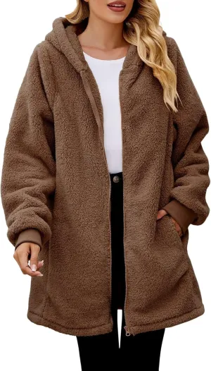 QWENTMTNTY Light Jackets for Women Fuzzy Fleece Jackets Winter Outfits Warm Windbreaker Plus Size Winter Coats with Fur Hood