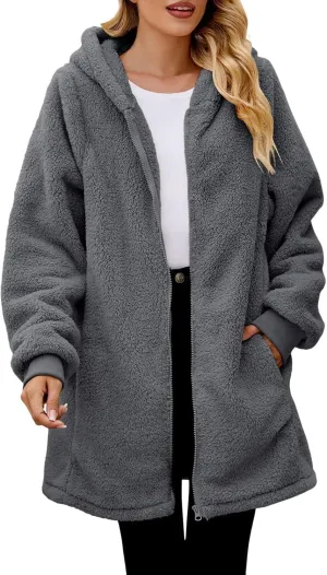 QWENTMTNTY Light Jackets for Women Fuzzy Fleece Jackets Winter Outfits Warm Windbreaker Plus Size Winter Coats with Fur Hood