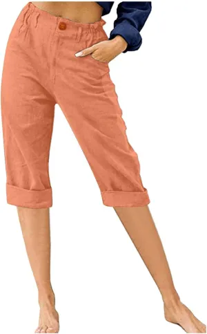 RKSTN Linen Pants Women Summer 2025 Capris for Work Casual Cropped Trousers Solid Plain High Waist Straight Pant with Pockets