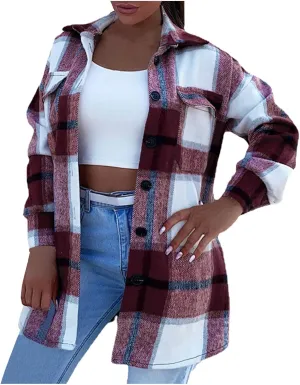 SHAOBGE Womens Plaid Shacket Fall Jacket Fleece Lined Button Down Peacoats Plaid Lapel Casual Coats Y2K Shirt Jackets 2023