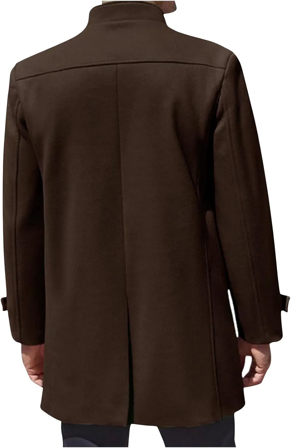 Sinzelimin Men's Trench Coat Fashion Mid-Length Button Stand Collar Long Sleeve Fleece Jacket Windbreaker Outwear with Pocket