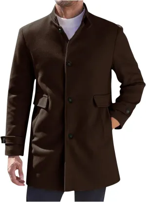 Sinzelimin Men's Trench Coat Fashion Mid-Length Button Stand Collar Long Sleeve Fleece Jacket Windbreaker Outwear with Pocket