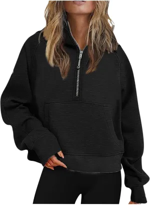 SMIDOW Womens Half Zip Cropped Pullover Sweatshirts Oversized Fleece Quarter Zipper Hoodies Fall Winter Clothes Thumb Hole