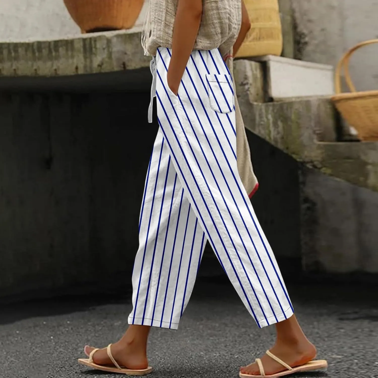 Striped Linen Pants for Women Casual Cropped Drawstring Pants Trendy Fashion Summer Trousers with Pocket Lounge Outfit
