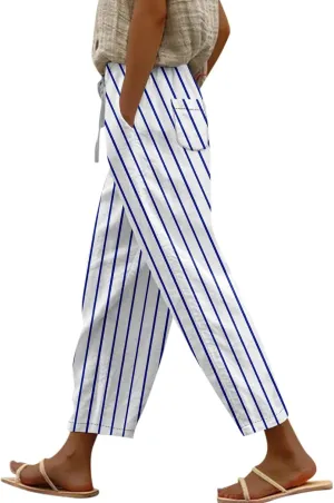 Striped Linen Pants for Women Casual Cropped Drawstring Pants Trendy Fashion Summer Trousers with Pocket Lounge Outfit