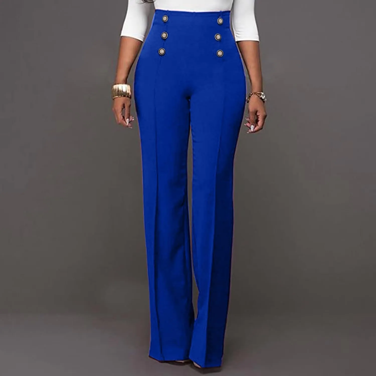 Stylish Elastic High Waist Straight Wide Leg Trousers for Womens Casual Lightweight Solid Color Soft Comfortable Button Pants