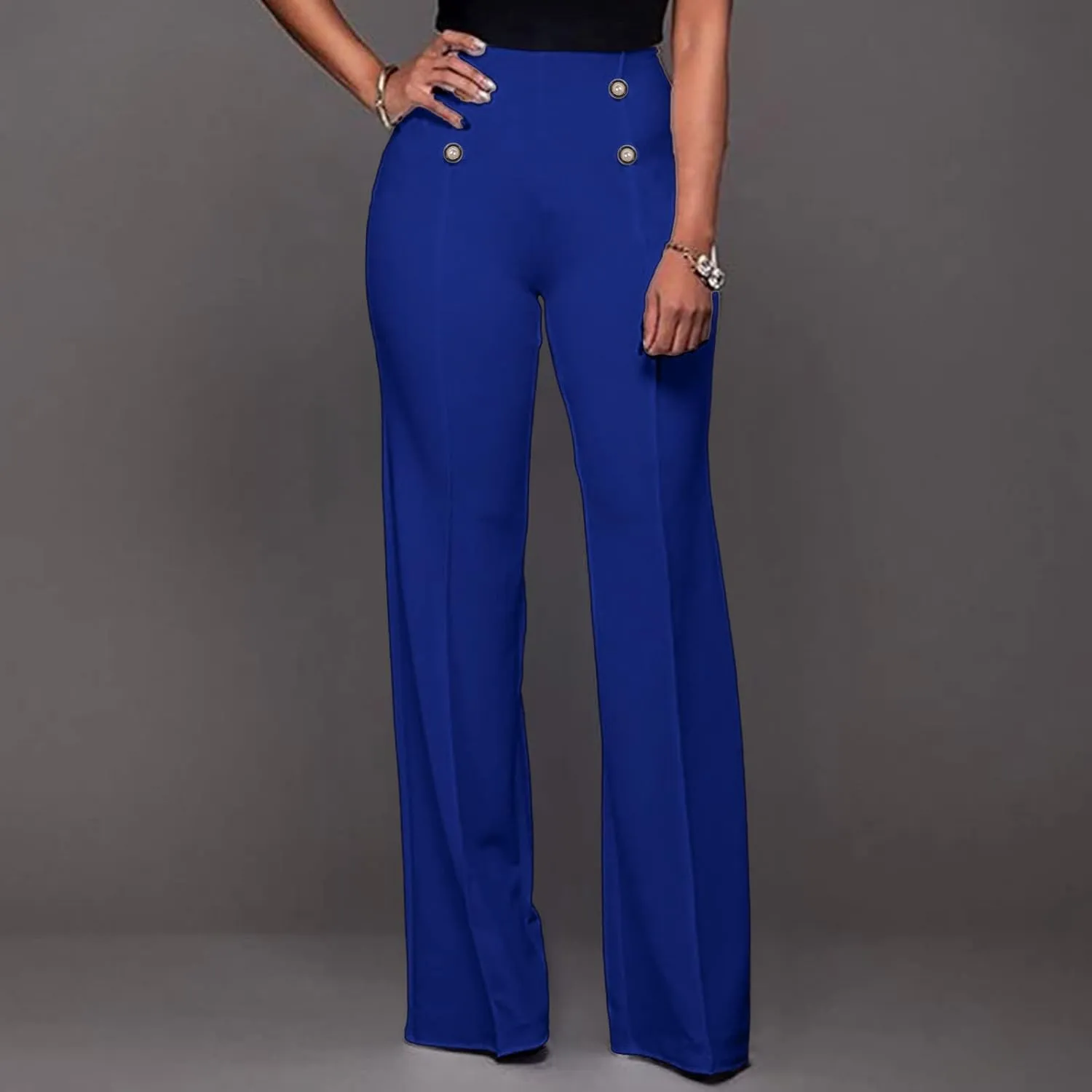 Stylish Elastic High Waist Straight Wide Leg Trousers for Womens Casual Lightweight Solid Color Soft Comfortable Button Pants