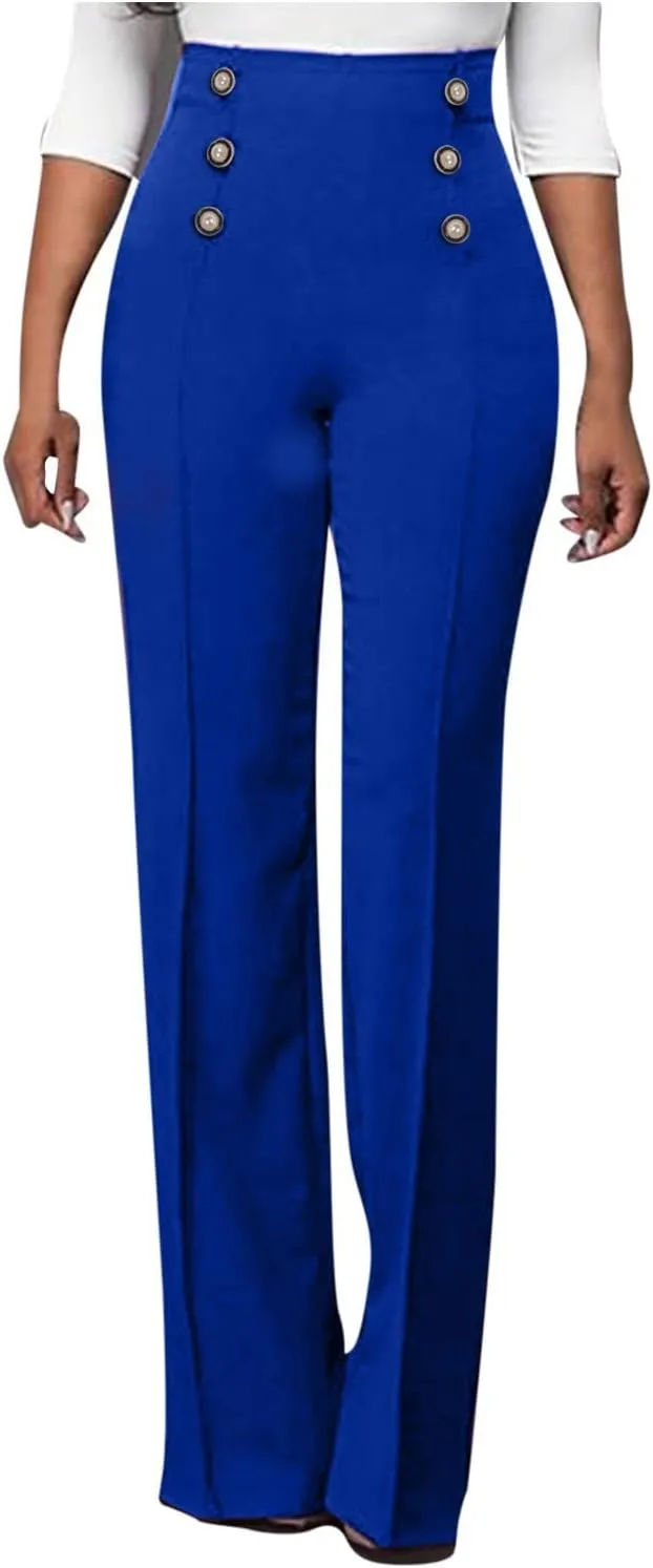 Stylish Elastic High Waist Straight Wide Leg Trousers for Womens Casual Lightweight Solid Color Soft Comfortable Button Pants