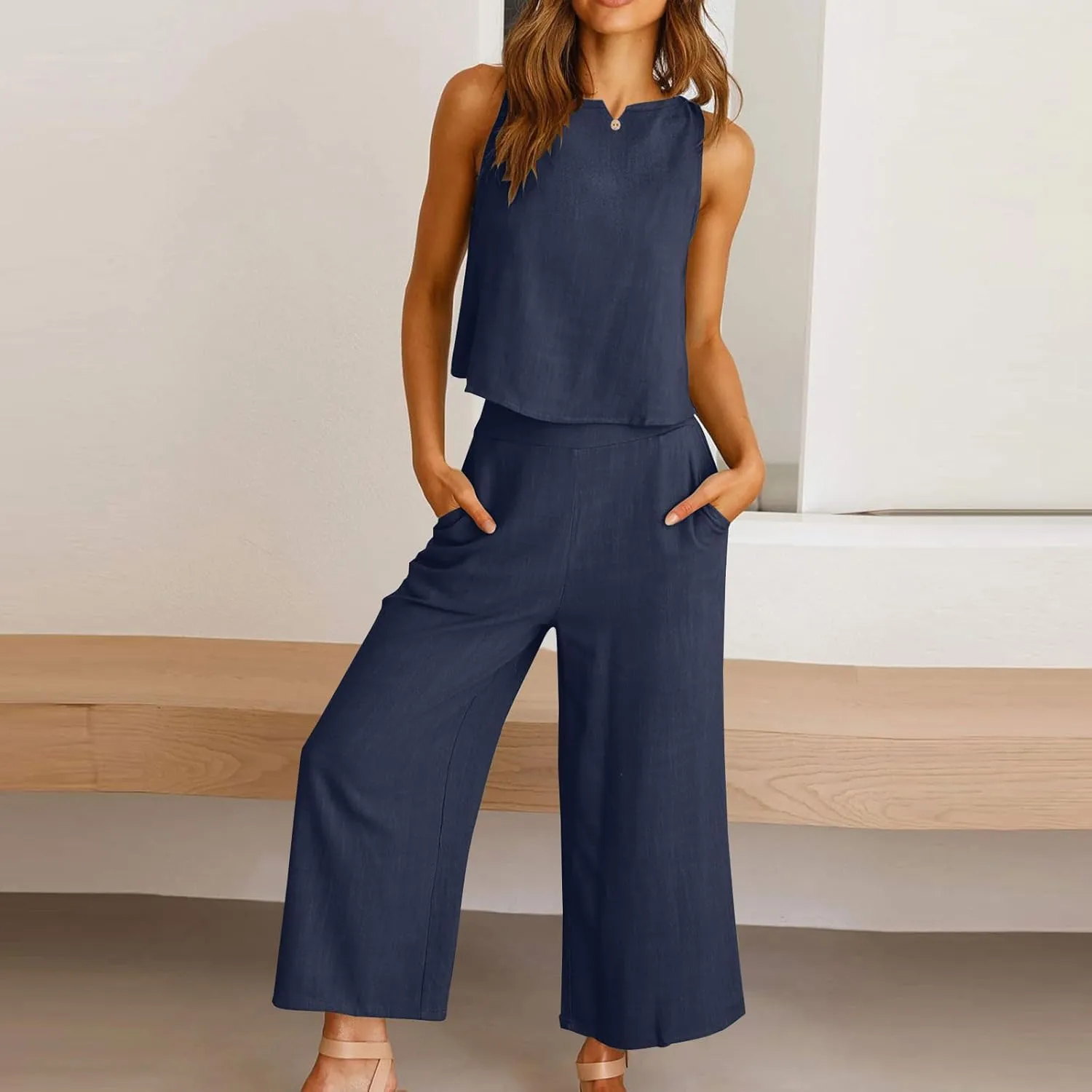 Summer Outfits for Women 2 Piece Cotton Linen Sleeveless Crop Top Capri Wide Leg Pants Lounge Beach Travel Sets