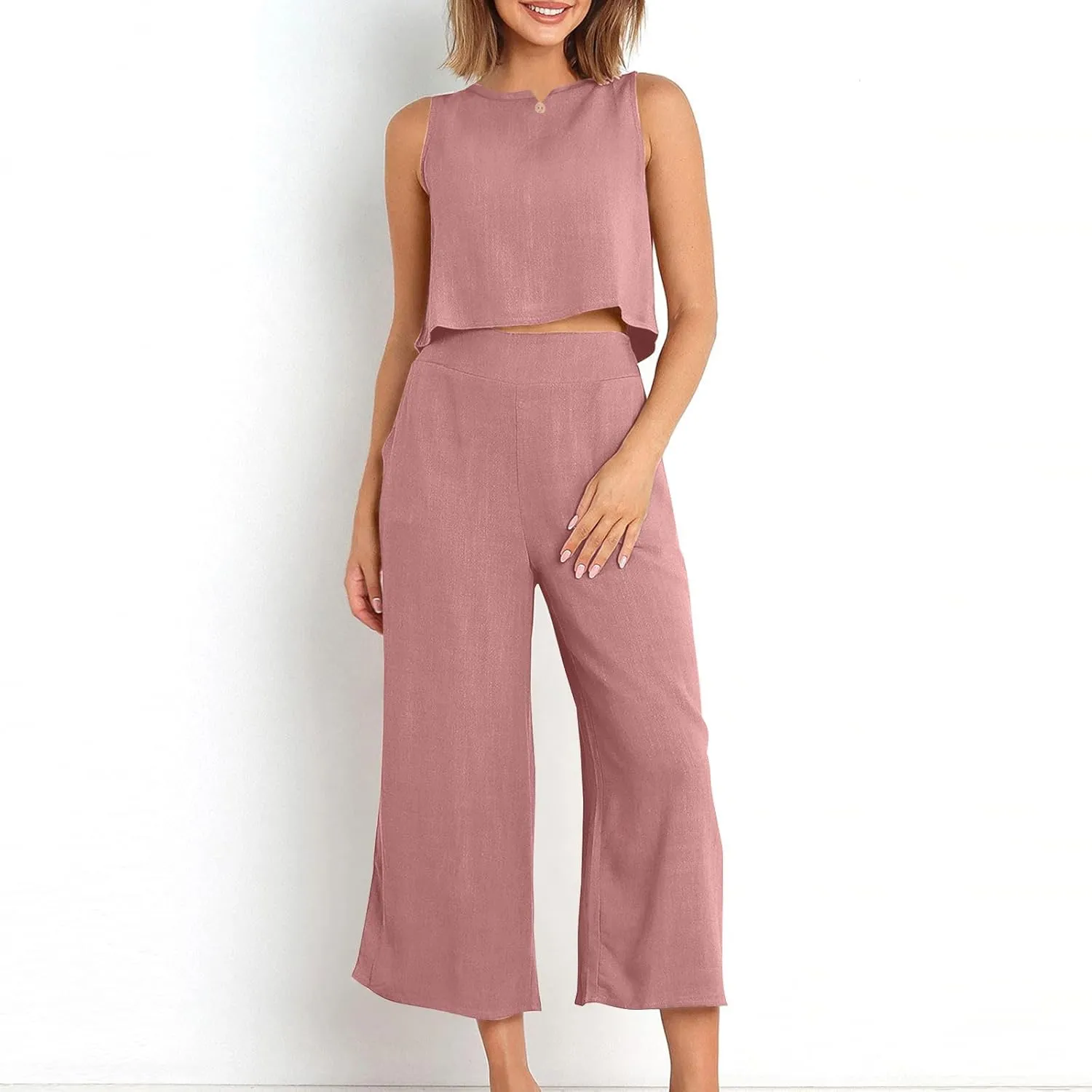 Summer Outfits for Women 2 Piece Cotton Linen Sleeveless Crop Top Capri Wide Leg Pants Lounge Beach Travel Sets