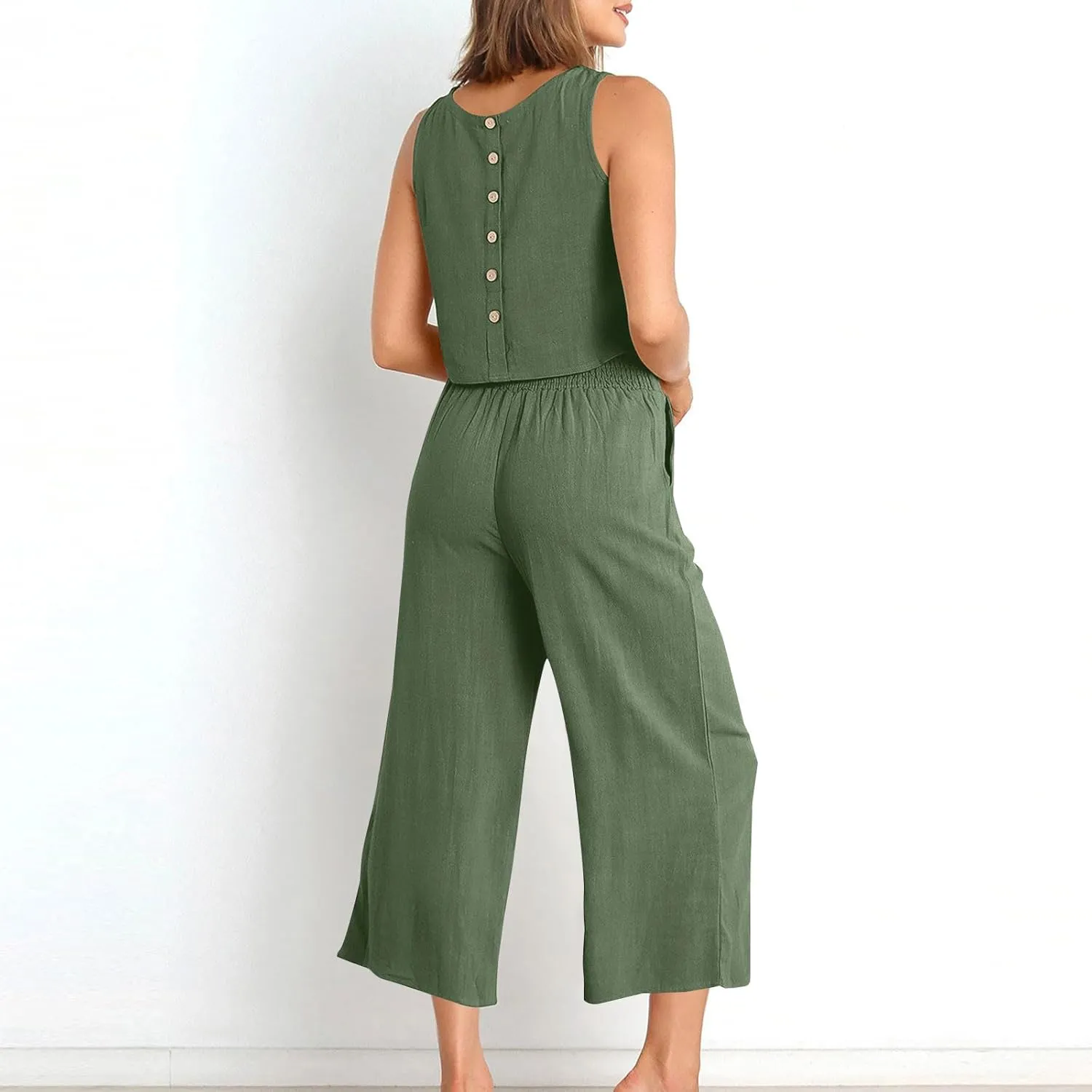Summer Outfits for Women 2 Piece Cotton Linen Sleeveless Crop Top Capri Wide Leg Pants Lounge Beach Travel Sets