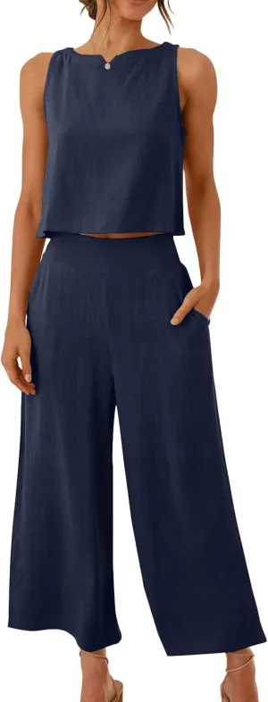 Summer Outfits for Women 2 Piece Cotton Linen Sleeveless Crop Top Capri Wide Leg Pants Lounge Beach Travel Sets