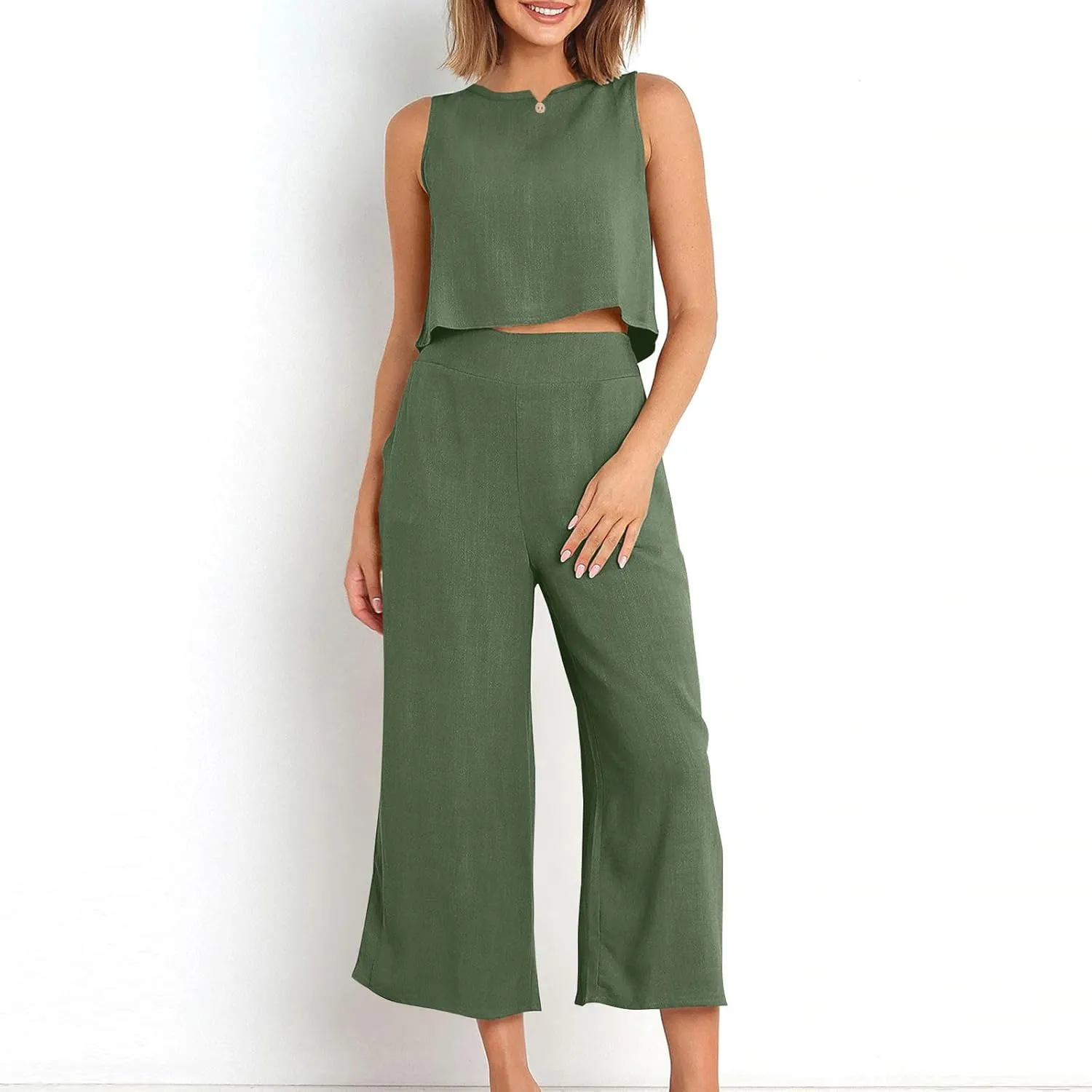 Summer Outfits for Women 2 Piece Cotton Linen Sleeveless Crop Top Capri Wide Leg Pants Lounge Beach Travel Sets
