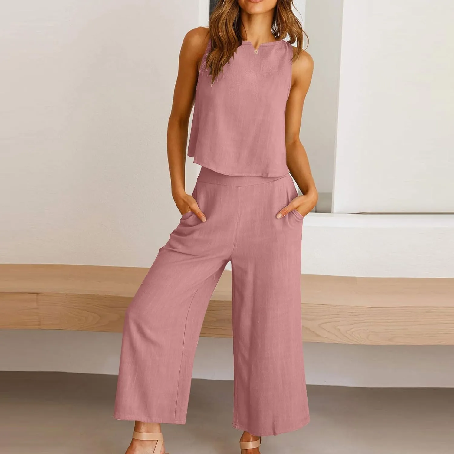 Summer Outfits for Women 2 Piece Cotton Linen Sleeveless Crop Top Capri Wide Leg Pants Lounge Beach Travel Sets