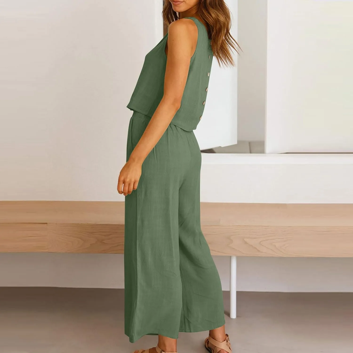 Summer Outfits for Women 2 Piece Cotton Linen Sleeveless Crop Top Capri Wide Leg Pants Lounge Beach Travel Sets