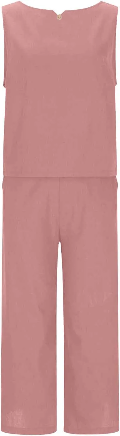 Summer Outfits for Women 2 Piece Cotton Linen Sleeveless Crop Top Capri Wide Leg Pants Lounge Beach Travel Sets