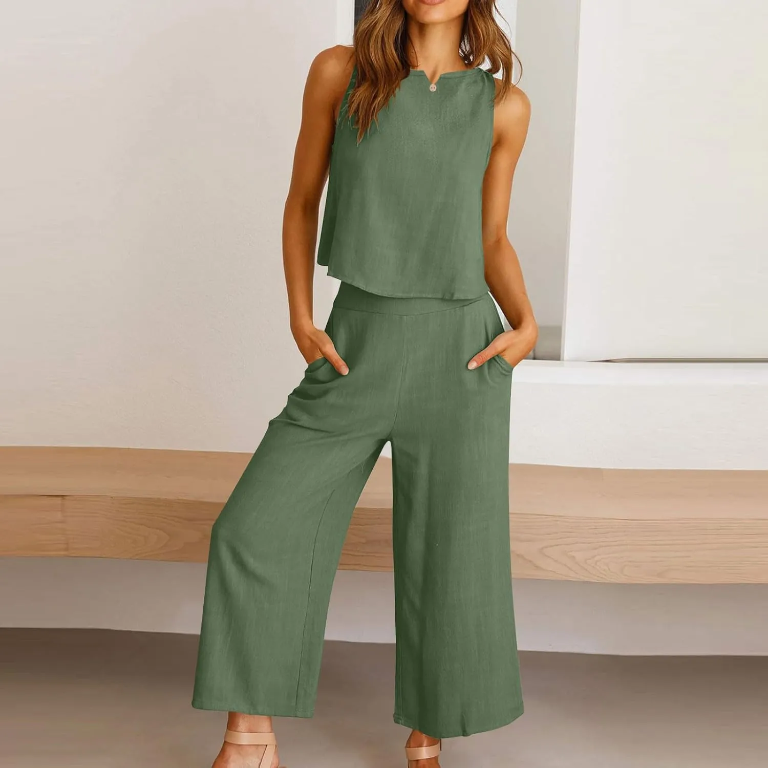 Summer Outfits for Women 2 Piece Cotton Linen Sleeveless Crop Top Capri Wide Leg Pants Lounge Beach Travel Sets