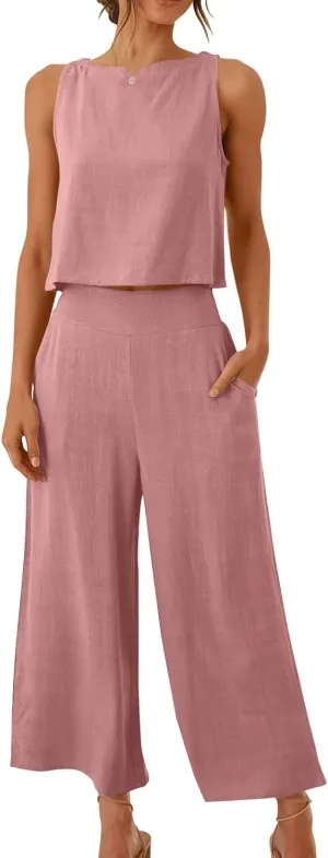 Summer Outfits for Women 2 Piece Cotton Linen Sleeveless Crop Top Capri Wide Leg Pants Lounge Beach Travel Sets