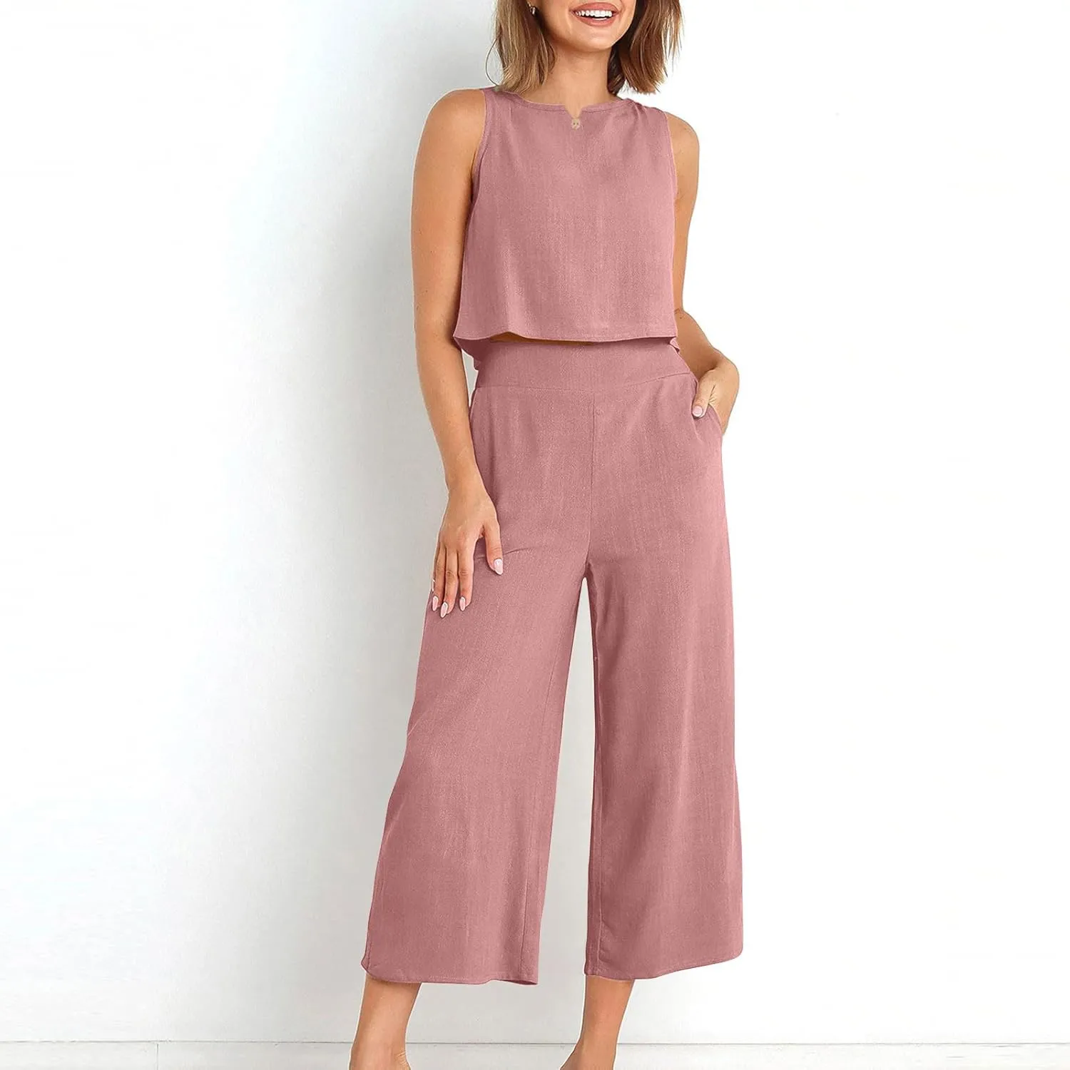 Summer Outfits for Women 2 Piece Cotton Linen Sleeveless Crop Top Capri Wide Leg Pants Lounge Beach Travel Sets