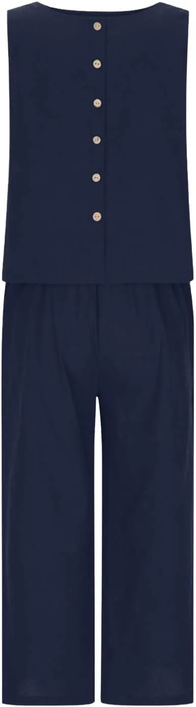 Summer Outfits for Women 2 Piece Cotton Linen Sleeveless Crop Top Capri Wide Leg Pants Lounge Beach Travel Sets