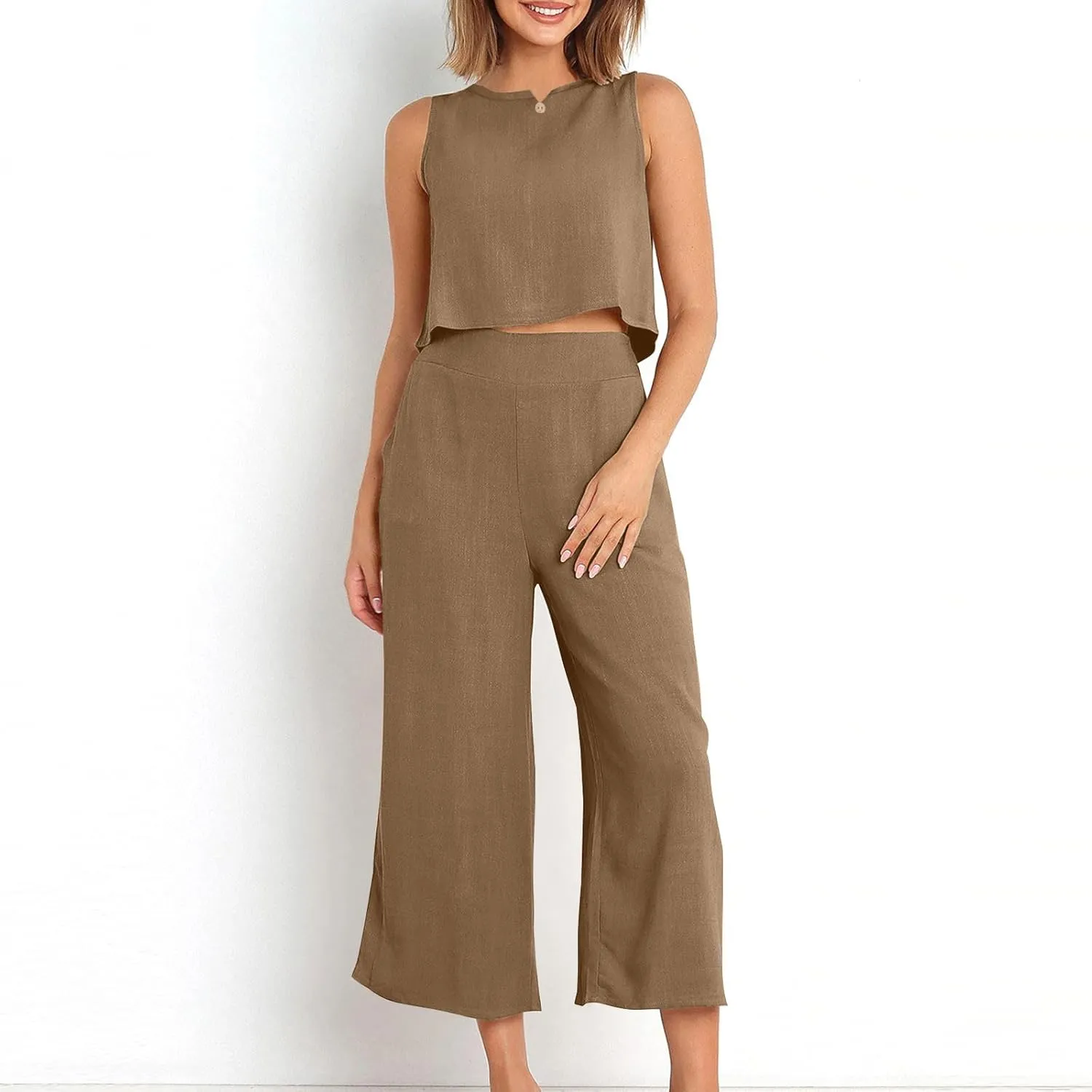 Summer Outfits for Women 2 Piece Cotton Linen Sleeveless Crop Top Capri Wide Leg Pants Lounge Beach Travel Sets