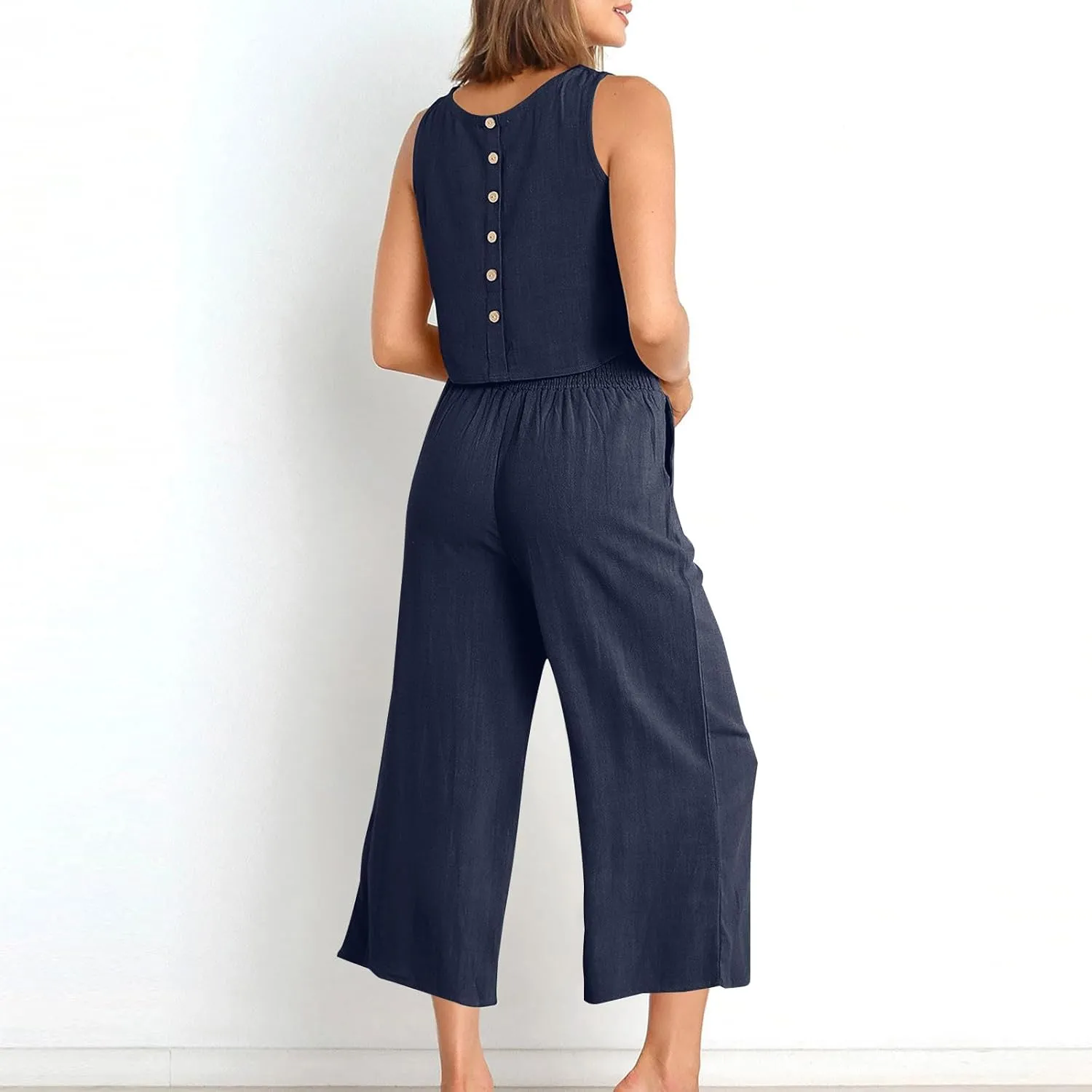 Summer Outfits for Women 2 Piece Cotton Linen Sleeveless Crop Top Capri Wide Leg Pants Lounge Beach Travel Sets
