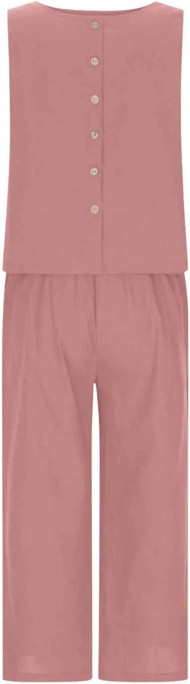Summer Outfits for Women 2 Piece Cotton Linen Sleeveless Crop Top Capri Wide Leg Pants Lounge Beach Travel Sets