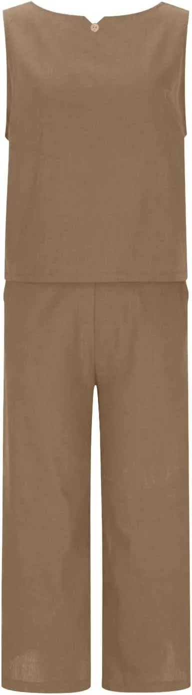 Summer Outfits for Women 2 Piece Cotton Linen Sleeveless Crop Top Capri Wide Leg Pants Lounge Beach Travel Sets