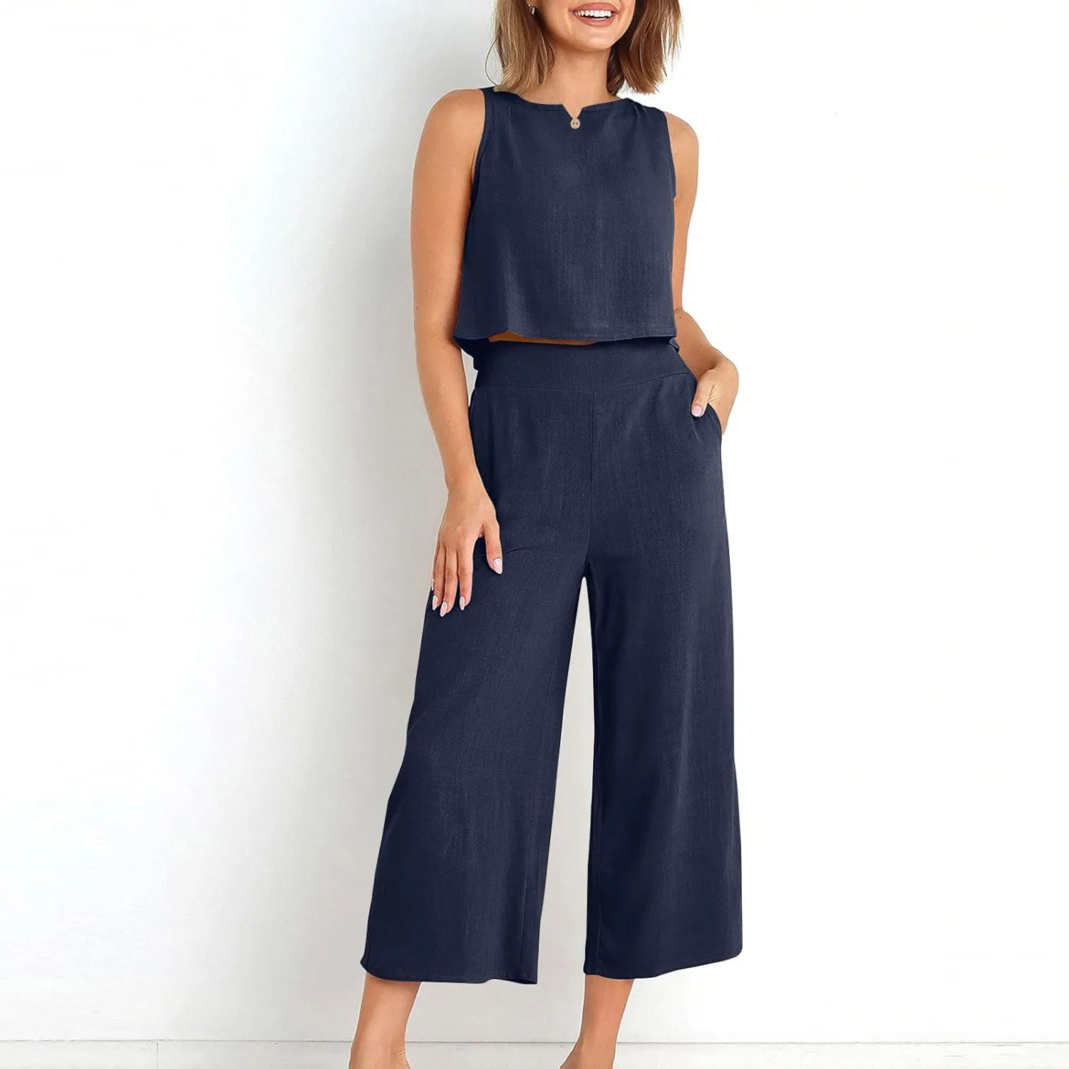 Summer Outfits for Women 2 Piece Cotton Linen Sleeveless Crop Top Capri Wide Leg Pants Lounge Beach Travel Sets