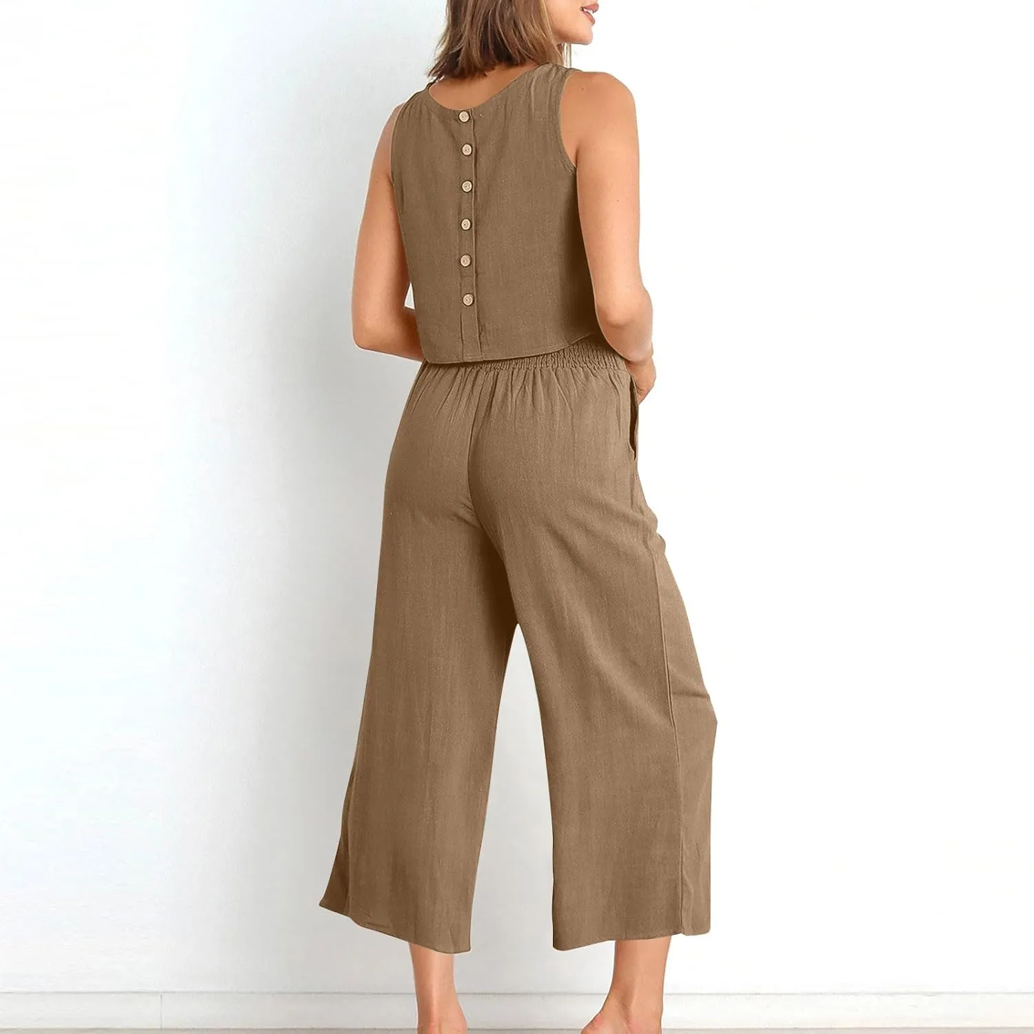 Summer Outfits for Women 2 Piece Cotton Linen Sleeveless Crop Top Capri Wide Leg Pants Lounge Beach Travel Sets