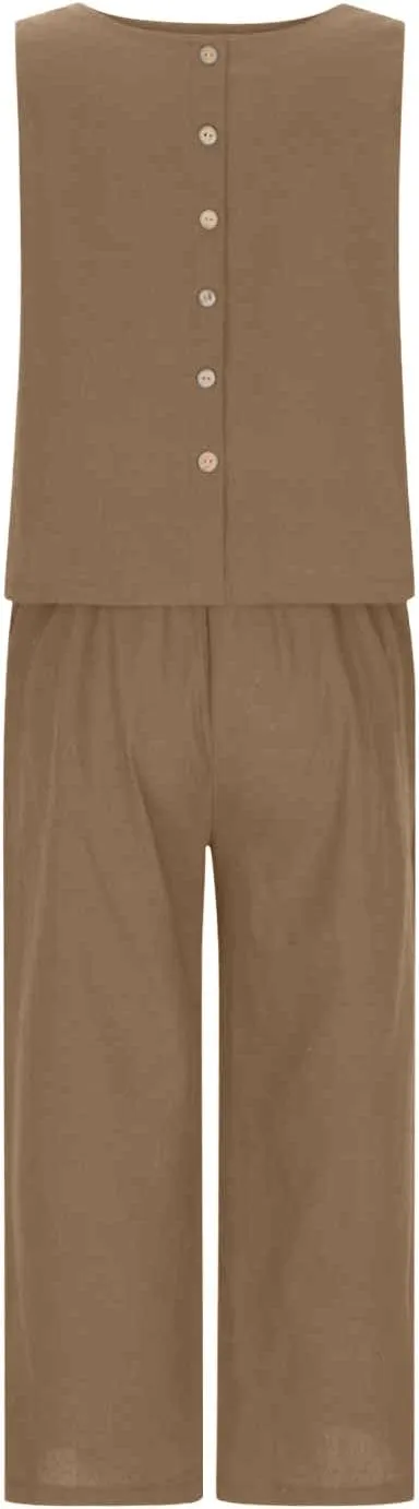 Summer Outfits for Women 2 Piece Cotton Linen Sleeveless Crop Top Capri Wide Leg Pants Lounge Beach Travel Sets