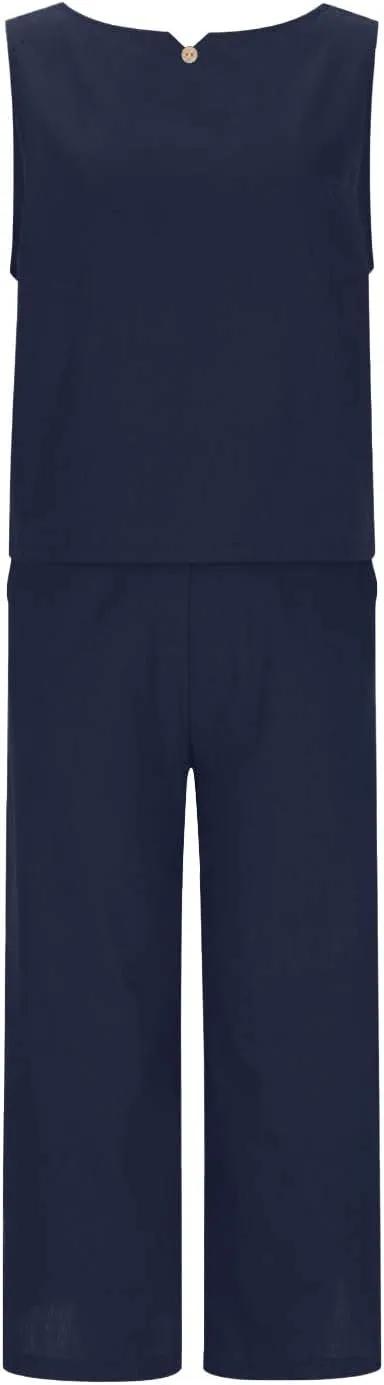 Summer Outfits for Women 2 Piece Cotton Linen Sleeveless Crop Top Capri Wide Leg Pants Lounge Beach Travel Sets