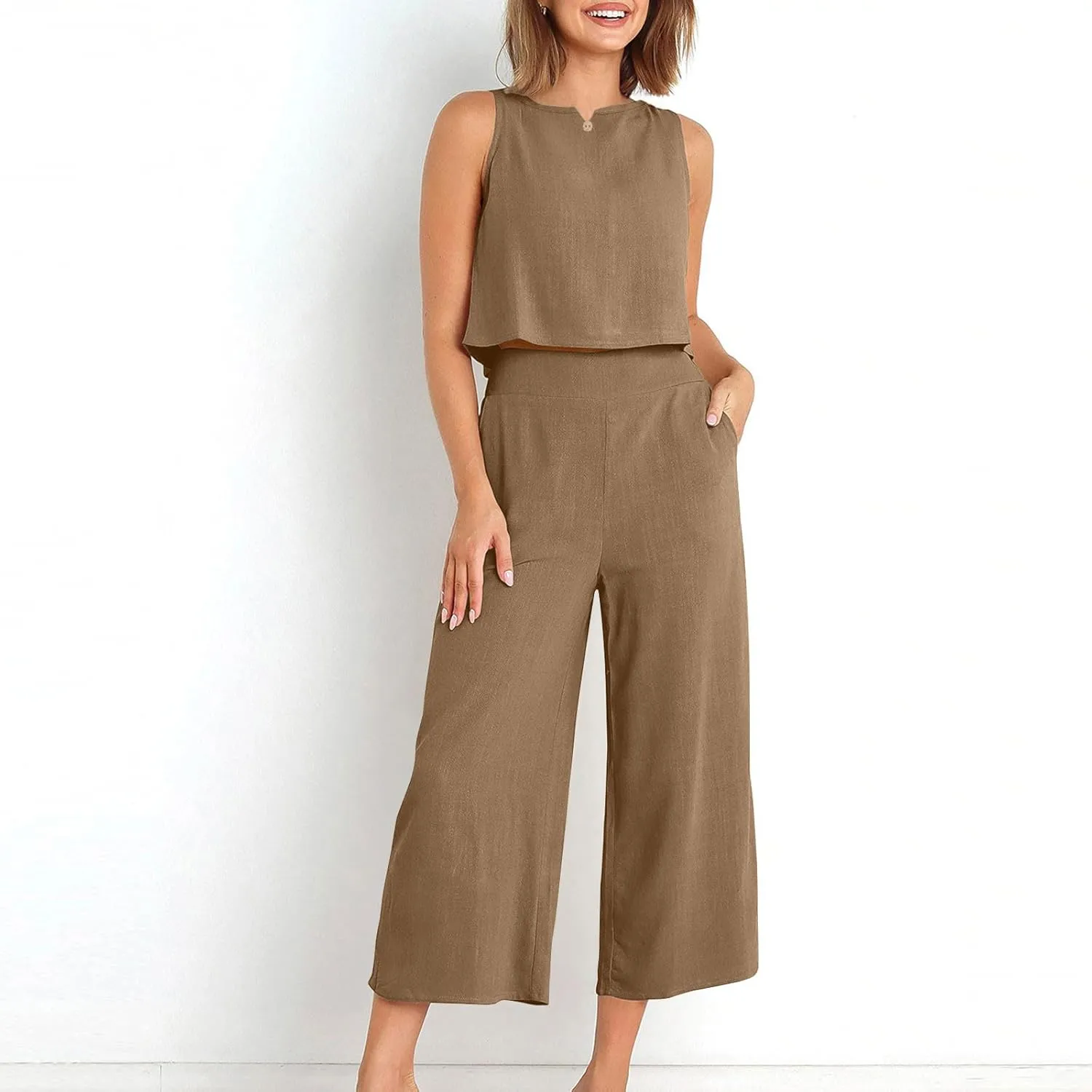 Summer Outfits for Women 2 Piece Cotton Linen Sleeveless Crop Top Capri Wide Leg Pants Lounge Beach Travel Sets
