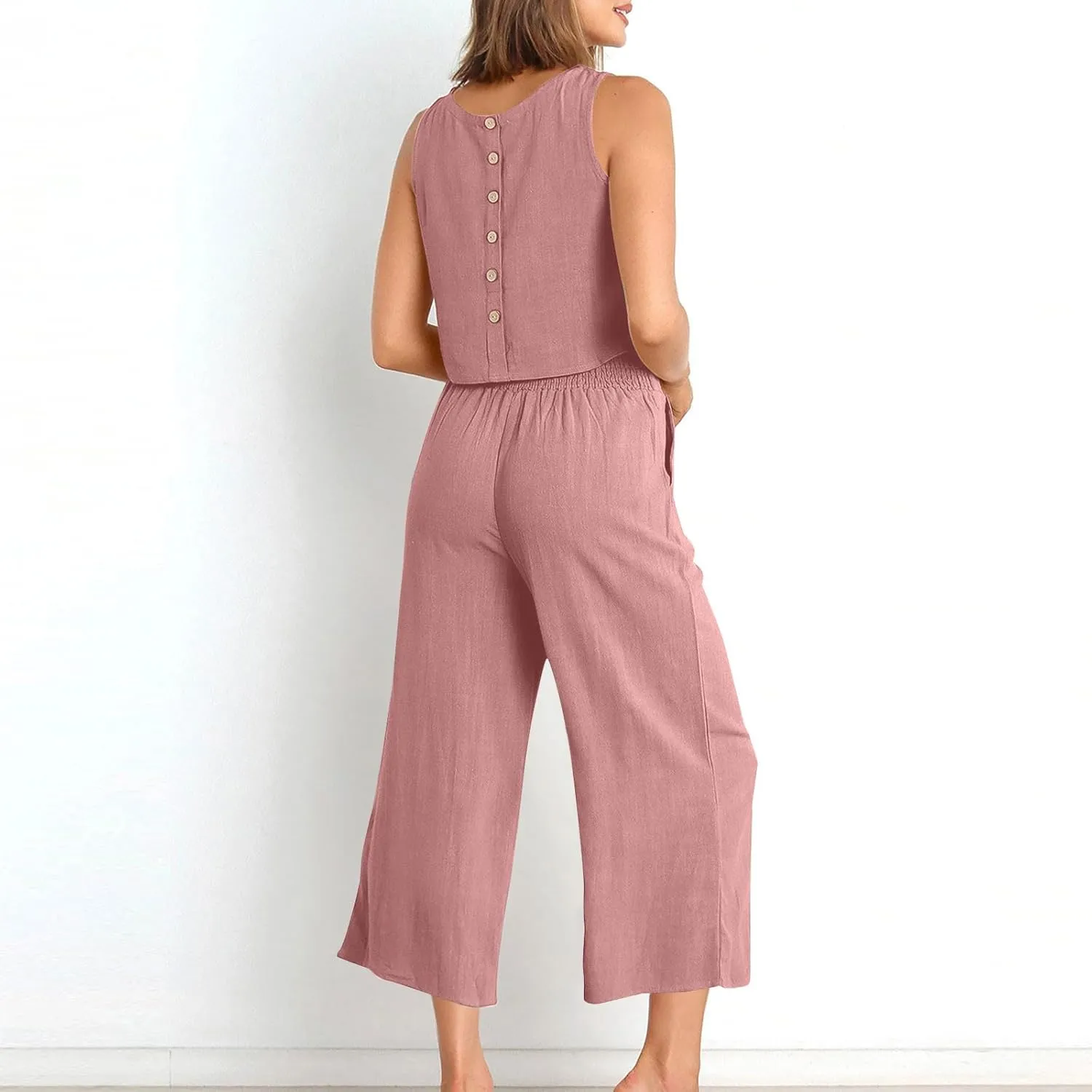 Summer Outfits for Women 2 Piece Cotton Linen Sleeveless Crop Top Capri Wide Leg Pants Lounge Beach Travel Sets