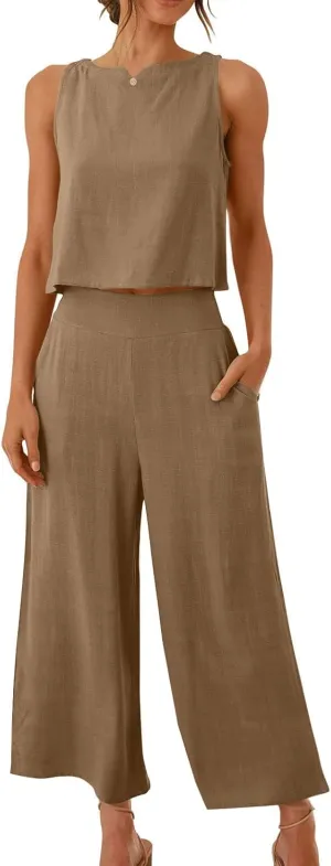 Summer Outfits for Women 2 Piece Cotton Linen Sleeveless Crop Top Capri Wide Leg Pants Lounge Beach Travel Sets